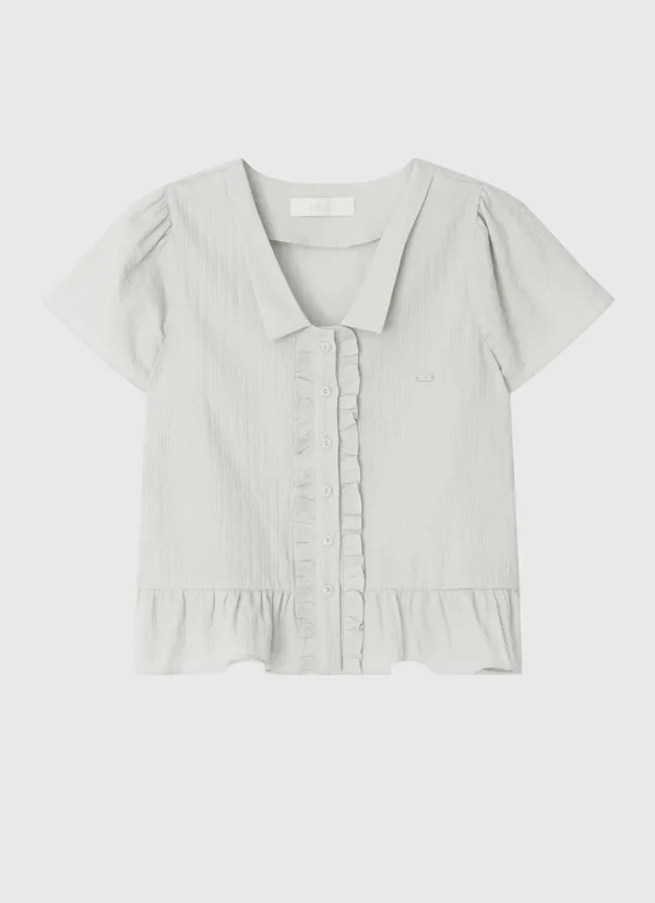 Frill jacquard cap sleeve blouse - Ash khaki