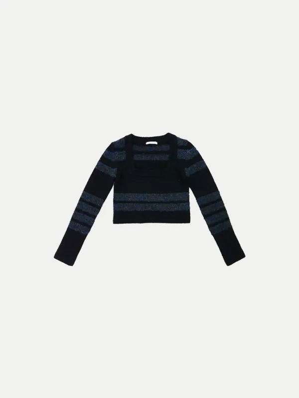 SquareNeck Crop Knit Black • Blue Stripe