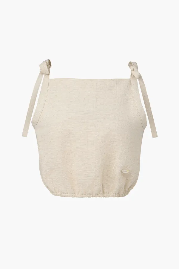Cropped Linen Ribbon Tie Top, Light Beige