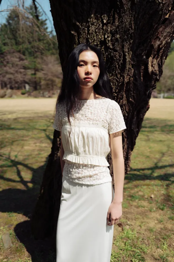 Cotton lawn shirring top (ivory / dark gray)