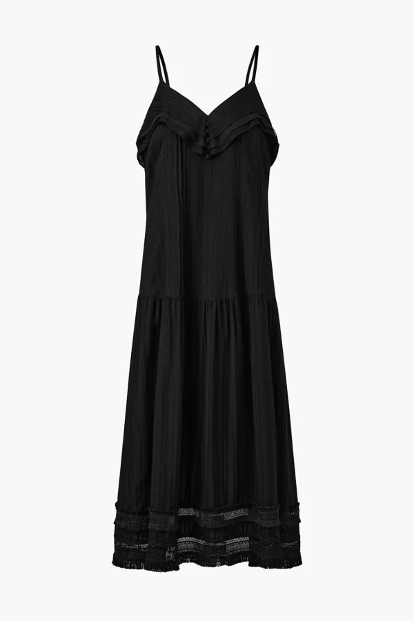 Pleated Ruffle Sleeveless Long Dress, Black