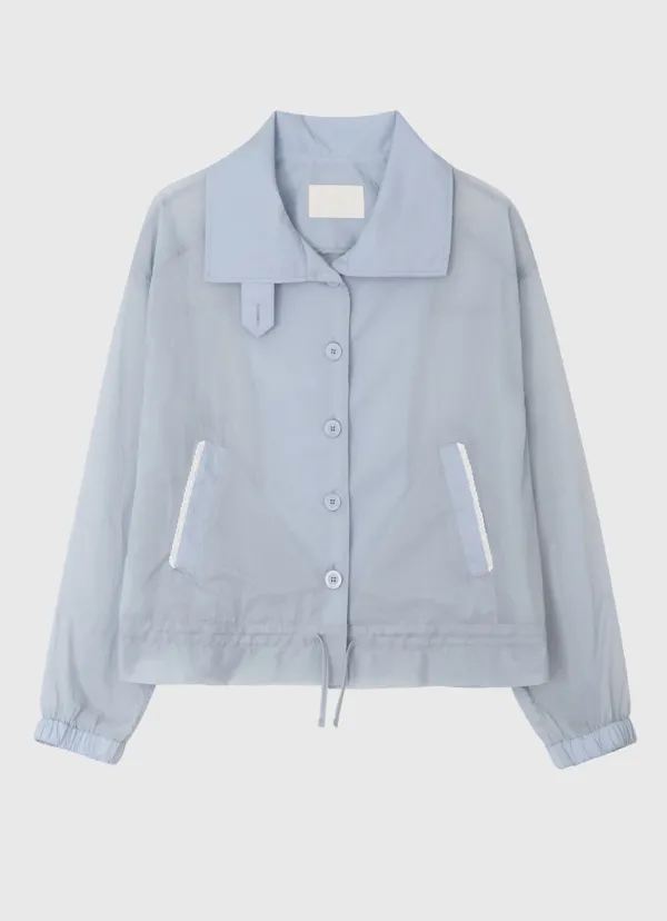 Lace back label ribbon string summer blouson - ashblue