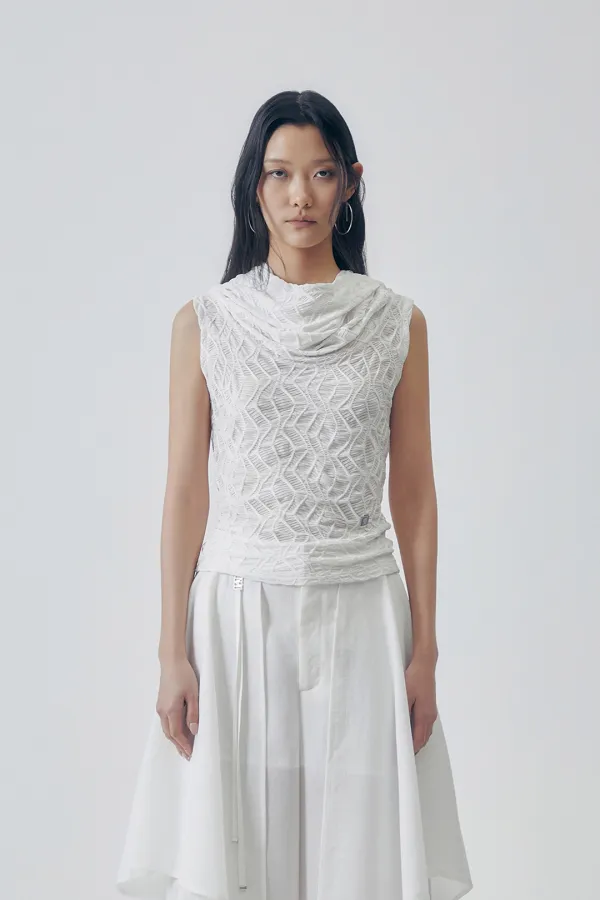 Jacquard Sleeveless Hooded Top [ White ]