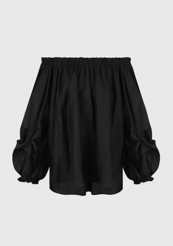 Linen Drape Off-shoulder Blouse Black