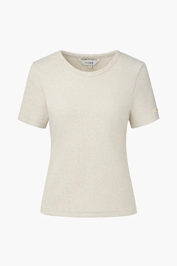 Semi-Cropped Cotton T-shirt, Melange Oatmeal