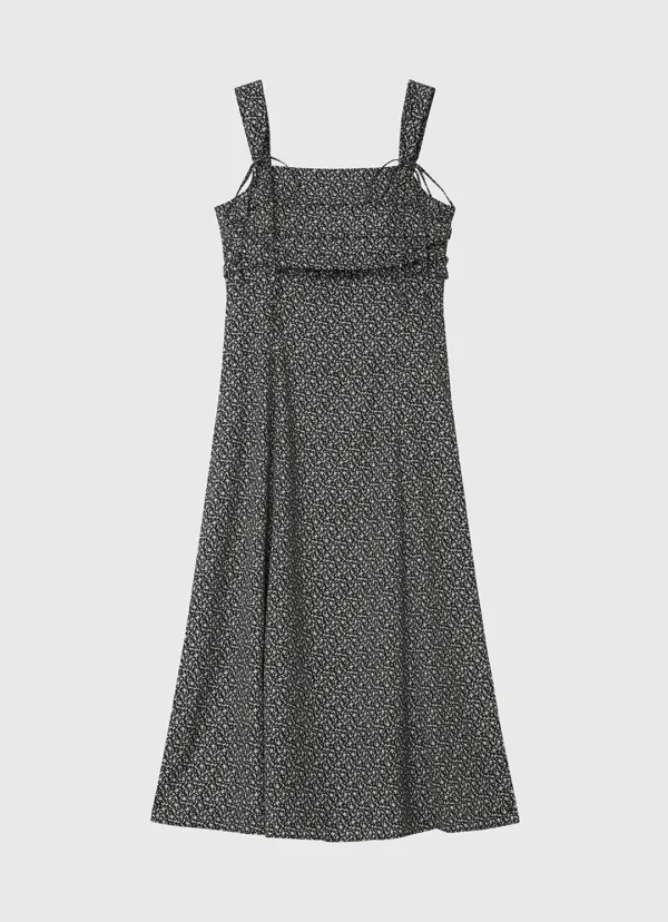 Mini flower pattern shirring long dress - black