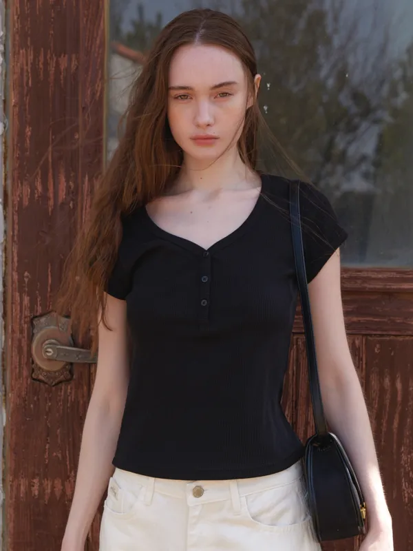 A HENLEY NECK RIBBED T-SHIRT_BLACK