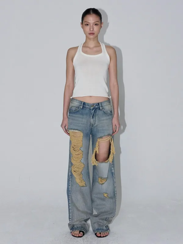 [6th Reorder] Aged Distressed Denim Pants (blue)