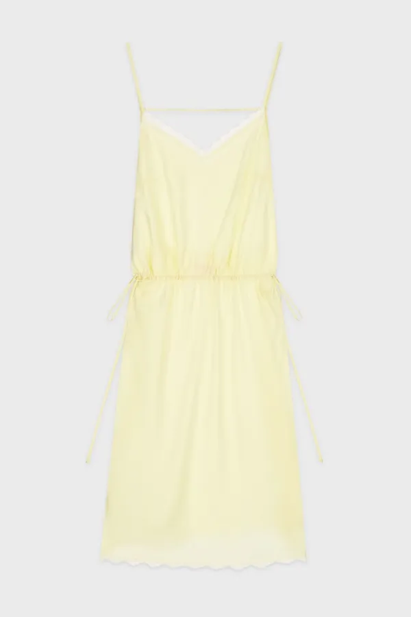 V-Neck Layered Lace Silky Dress (Cream Yellow)