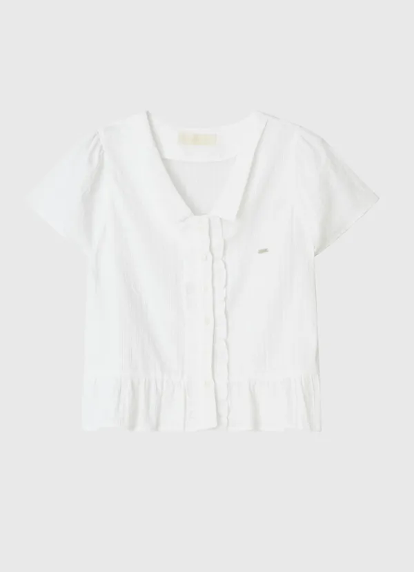 Frill jacquard cap sleeve blouse - white