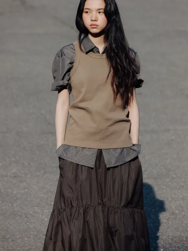 Gingham check short sleeve shirt (ash brown)