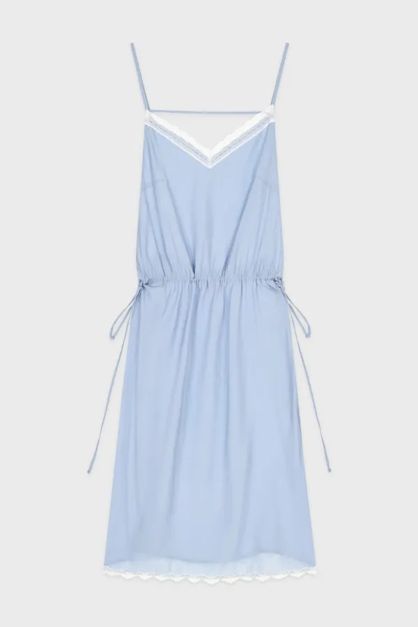 V-Neck Layered Lace Silky Dress (Blue)