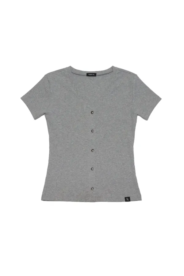 PLAIN V-NECK SHORT SLEEVE CARDIGAN MELANGE