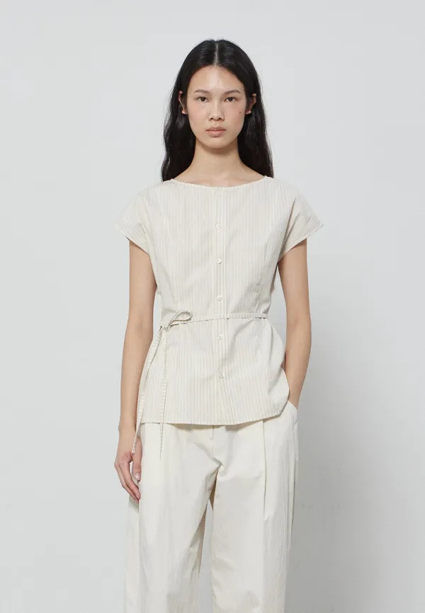 BOAT NECK CAP-SLEEVE BLOUSE - BEIGE STRIPE