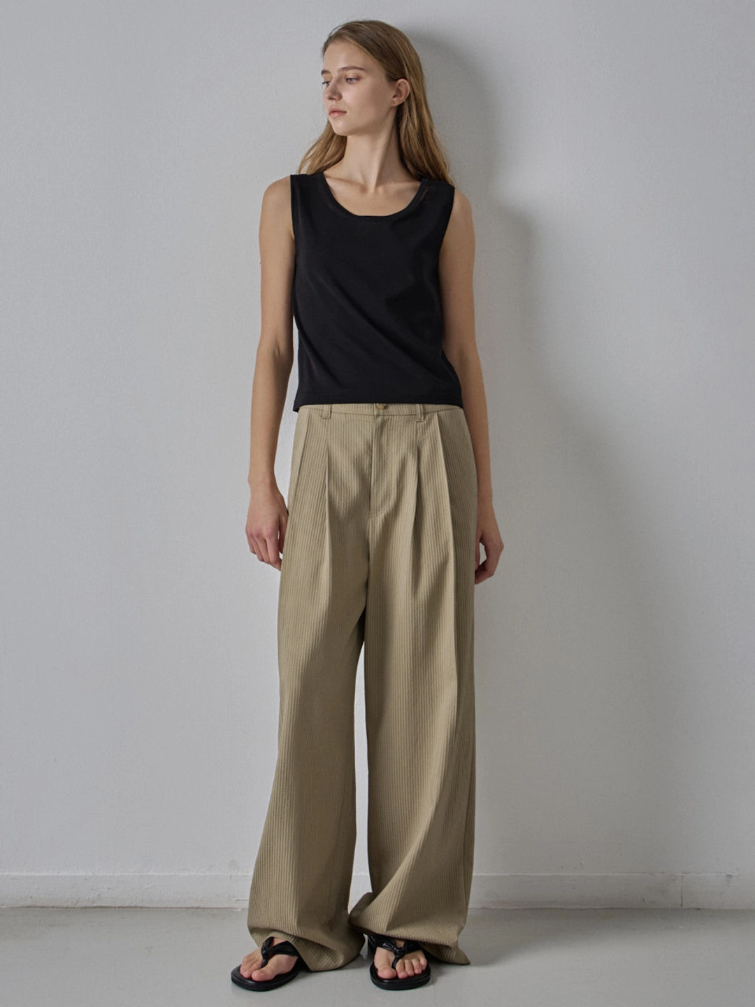 파사드패턴 스트라이프 와이드 팬츠_khaki beige 상품 이미지 3