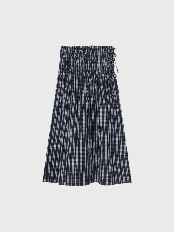 [Exclusive] Crisp check string shirring skirt (navy)