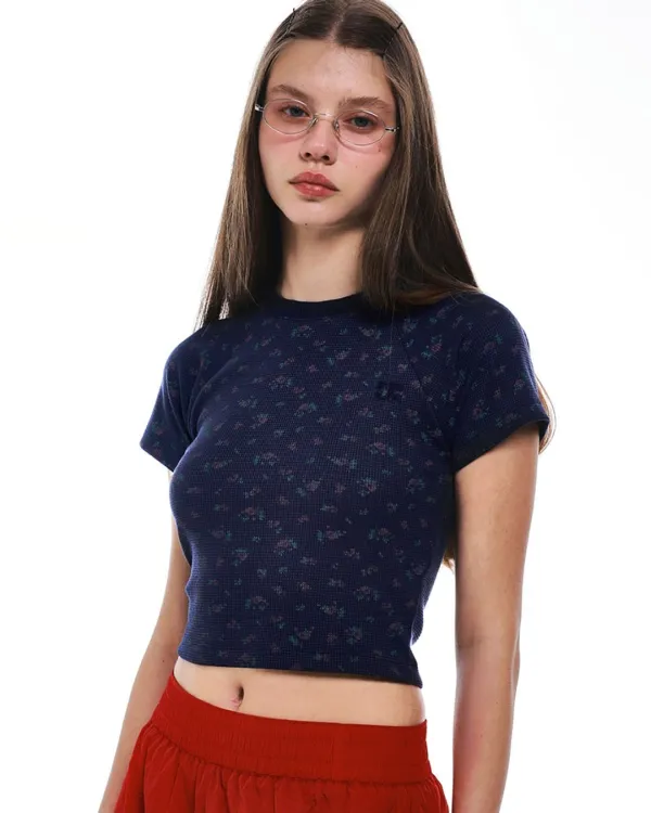 FLOWER RAGLAN WAFFLE T-SHIRT_NAVY
