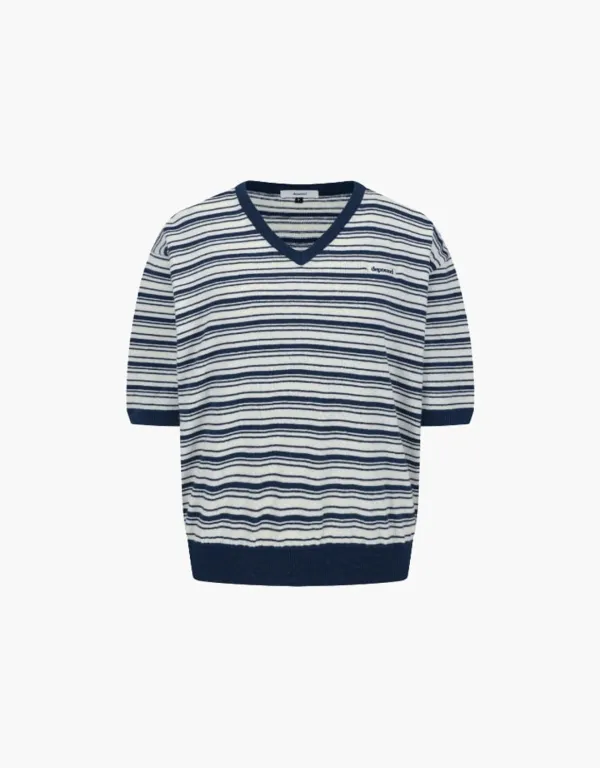 linen cotton stripe pullover - navy