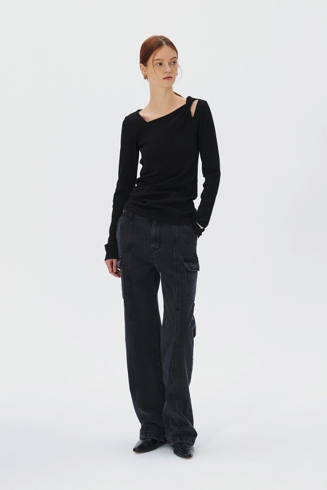 쿠메 [1st Re-order] Twisted Long Sleeves T-shirt, Black 상품 이미지 1
