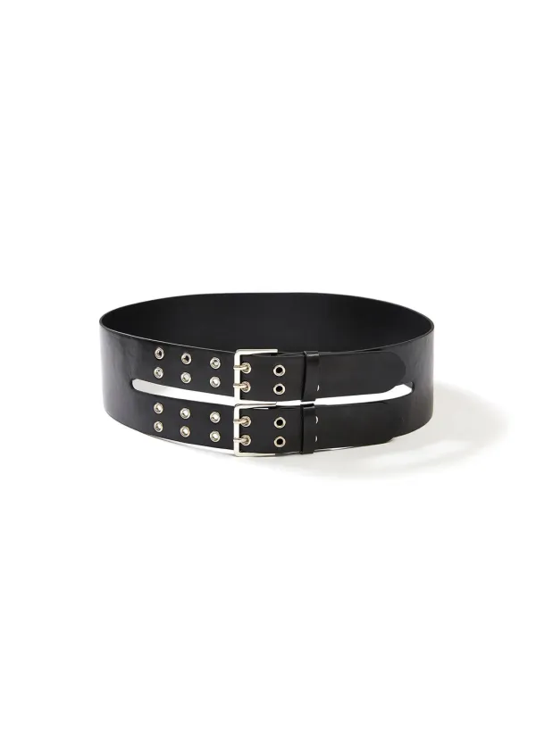 WIDE DOUBLE EYELET LEATHER BELT (BLACK)