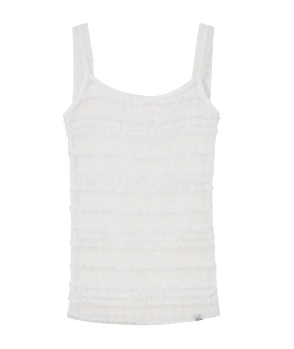 Mesh Ruffle Sleeveless Top [White]