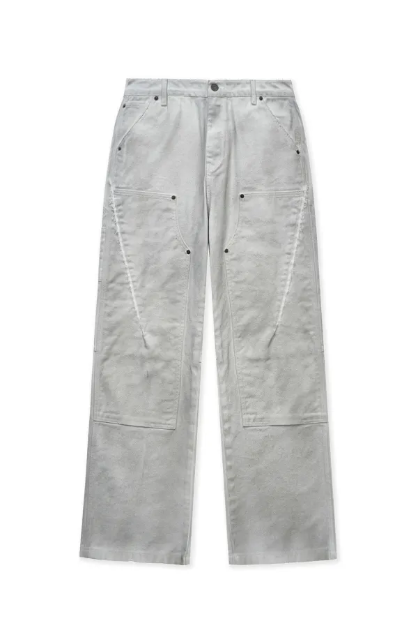VINTAGE WASHED DOUBLE KNEE DENIM PANTS FOR MEN IN WHITE