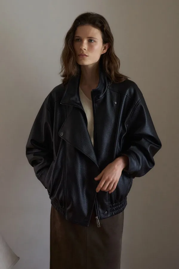 Leather Funnel Neck Jacket [LMBFAUJK122]-Black