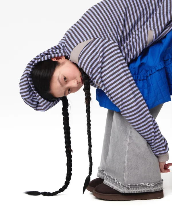 STRIPED FLARED SLEEVE HOODIE ASH BLUE