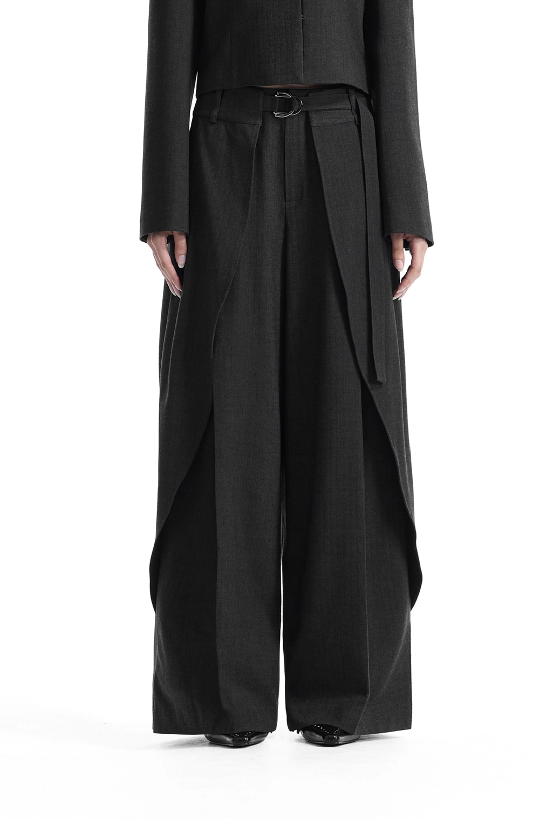 트리밍버드 Buckle Layered Set-Up Wide Slacks [ Charcoal ] 상품 이미지 1