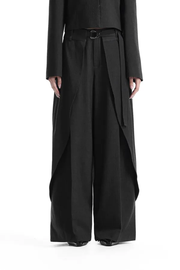 Buckle Layered Set-Up Wide Slacks [ Charcoal ]