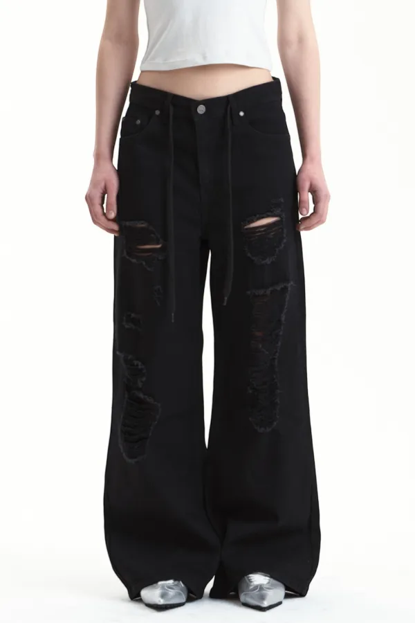 DRAWSTRING DISTRESSED DENIM PANTS BLACK