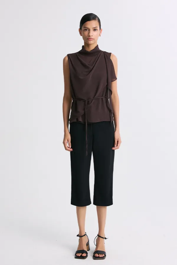 BELTED DRAPED SLEEVELESS BLOUSE