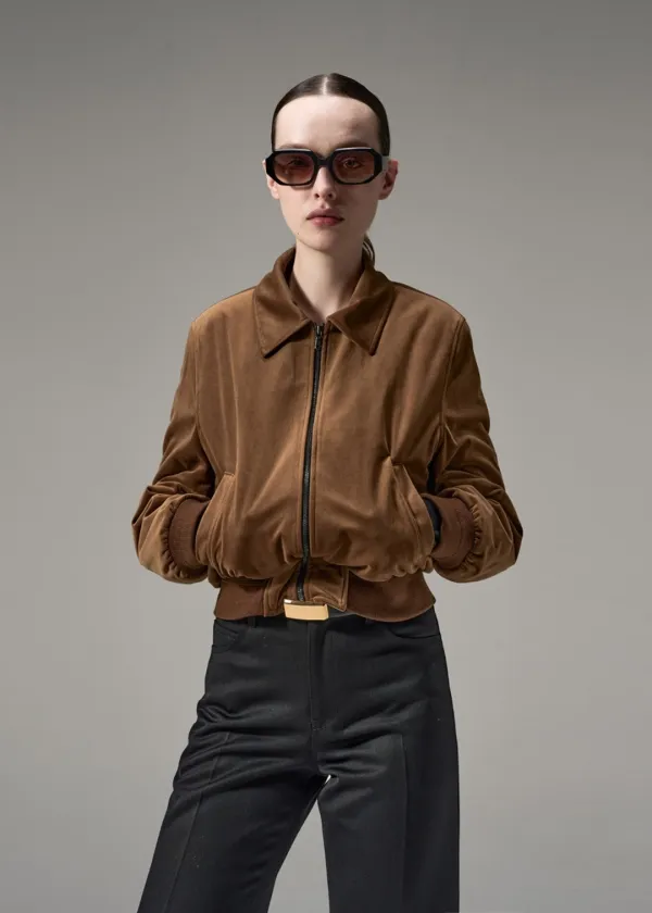 W COLLARED VELVET BOMBER - CAMEL