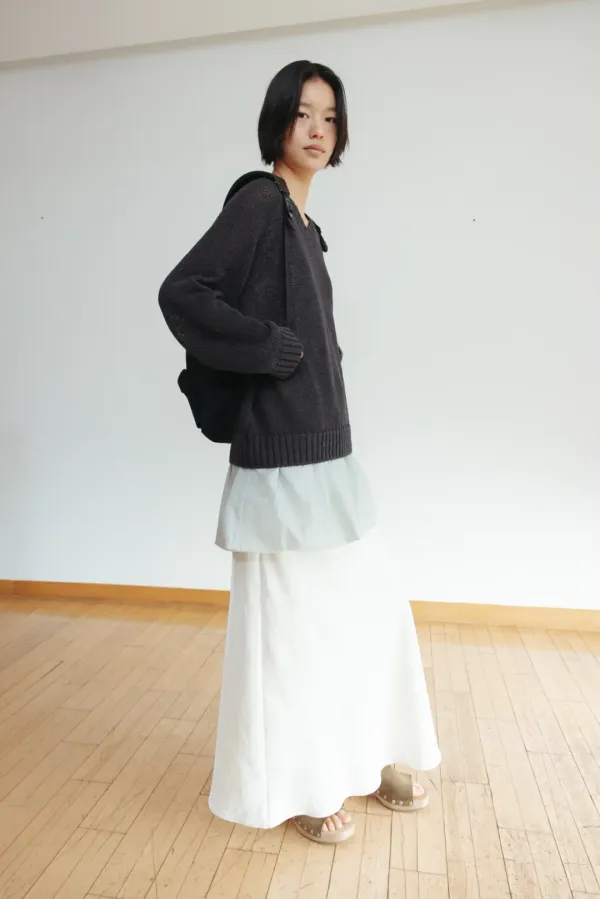 [Exclusive] Lace silky long dress (ivory / black)