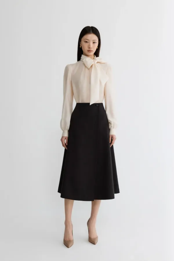 COTTON LINEN WRAP SKIRT - BLACK