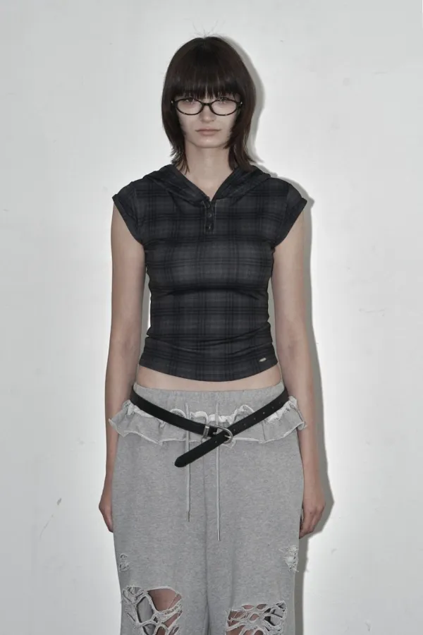 CHECK HOODED SHORT SLEEVE BLACK