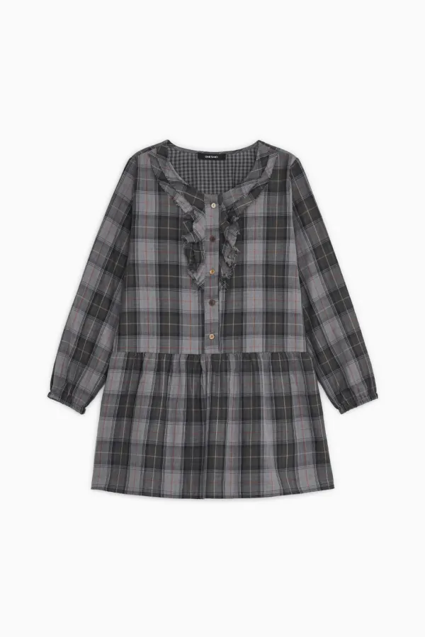 VINTAGE RUFFLE DRESS, GRAY CHECK