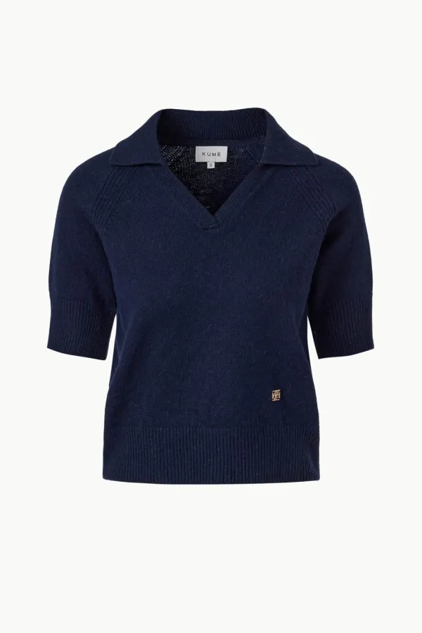 Cropped V-neck Merino Wool Sweater, Navy