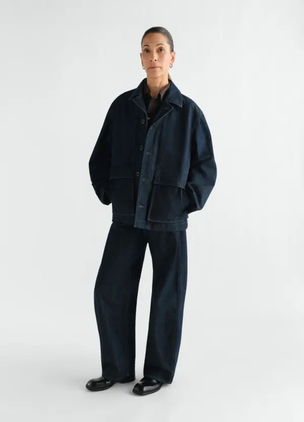 HIGH WAISTED CURVED PANTS IN DENIM