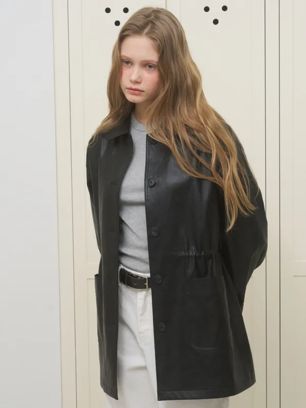 A ROUND COLLAR FAUX LEATHER JACKET_BLACK