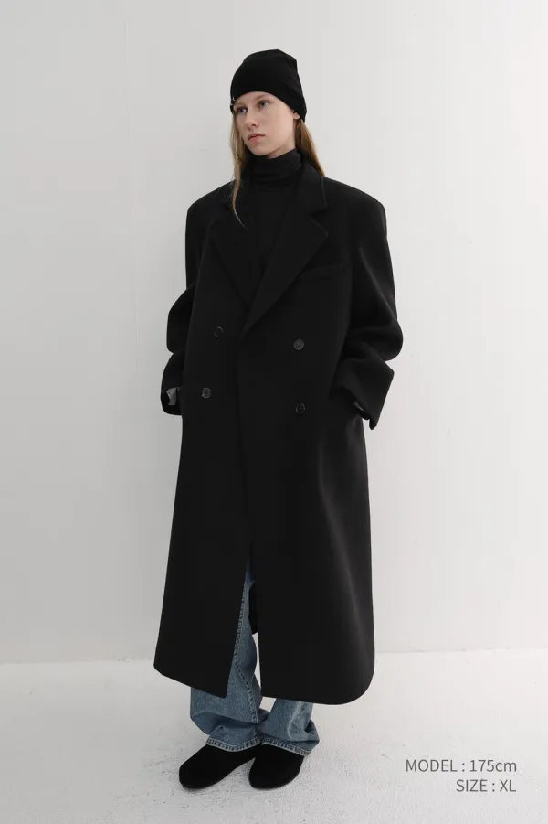 UNISEX LOOSE DOUBLE-BREASTED COAT BLACK_UDCO6D127BK