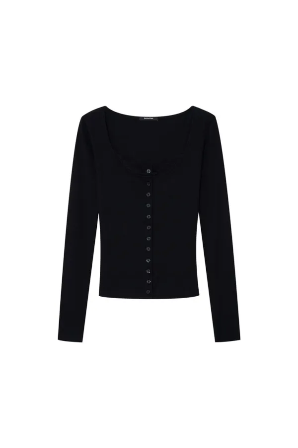 SCOOP NECK LACE TRIMMING CARDIGAN (BLACK)