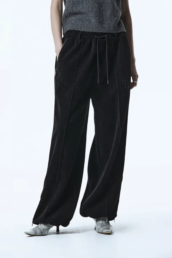 Velour Slit Zipper Set-up Pants [ Black ]