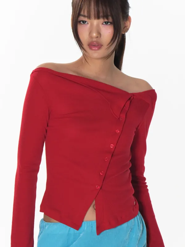 FLIPPED COLLAR OFF-SHOULDER CARDIGAN_RED