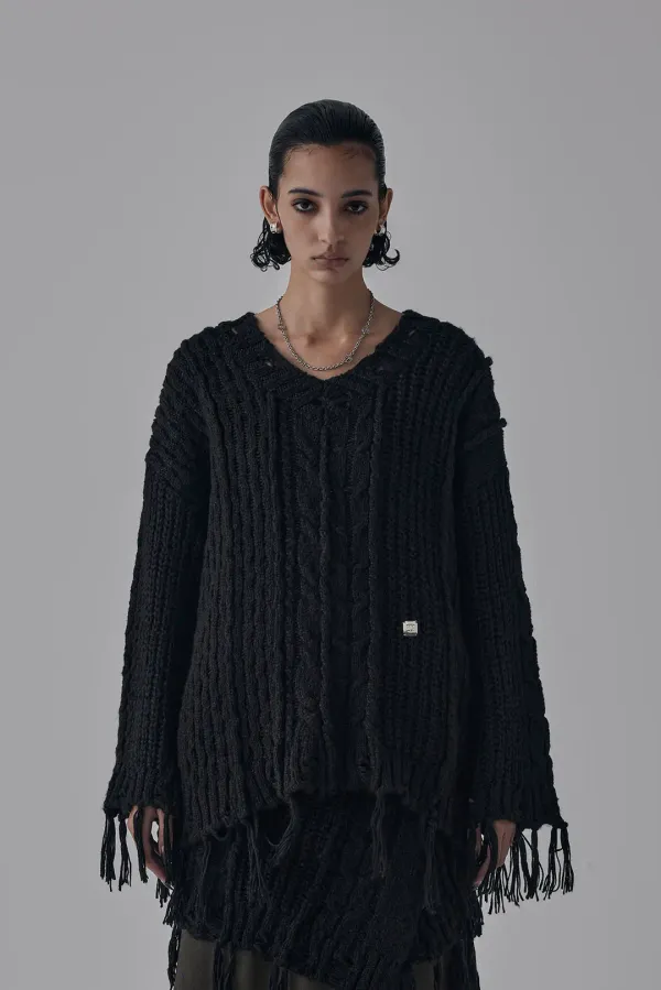 Wool Damage Tassel Knit Set-Up Pullover [ Black ]