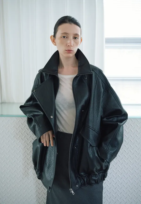 [10/7예약배송]LOOSE FIT HIGH NECK LEATHER JACKET_BLACK