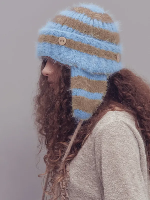 2 WAY EARFLAP BEANIE STRIPE BLUE MIXED