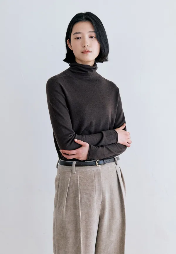 ROLL NECK WOOL100 TURTLE NECK KNIT - BROWN