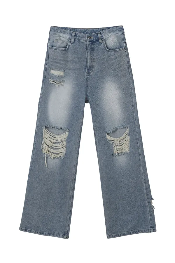 WASHING DESTROYED DENIM PANTS BLUE