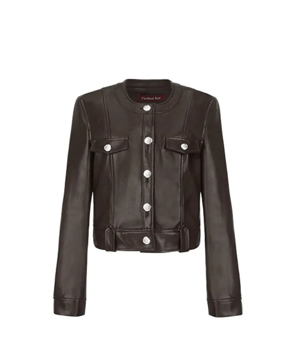 Silver button leather jacket brown